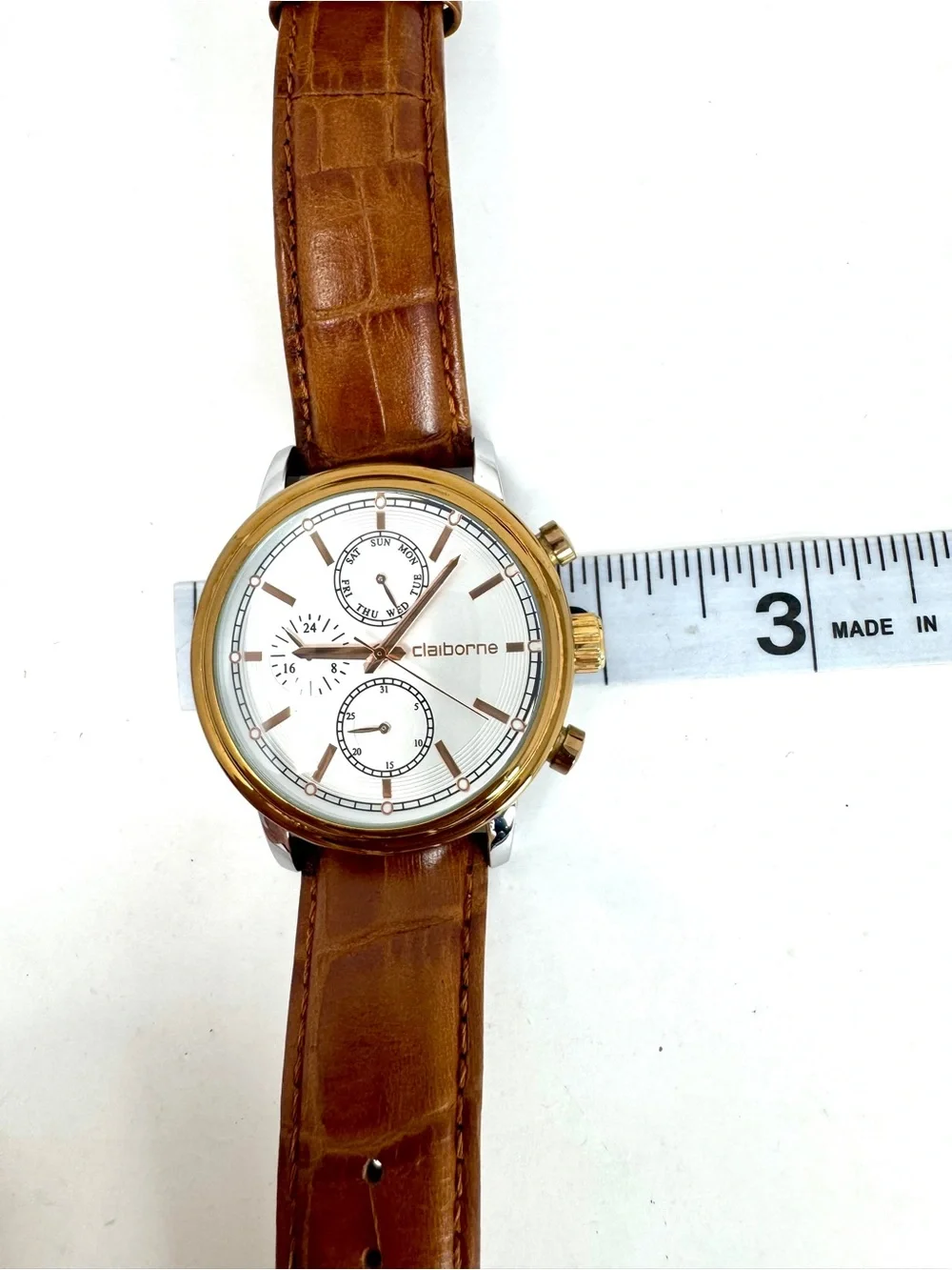 Claiborne Men's Multi-Function Quartz Watch –Two Tone Brown Leather- New Battery